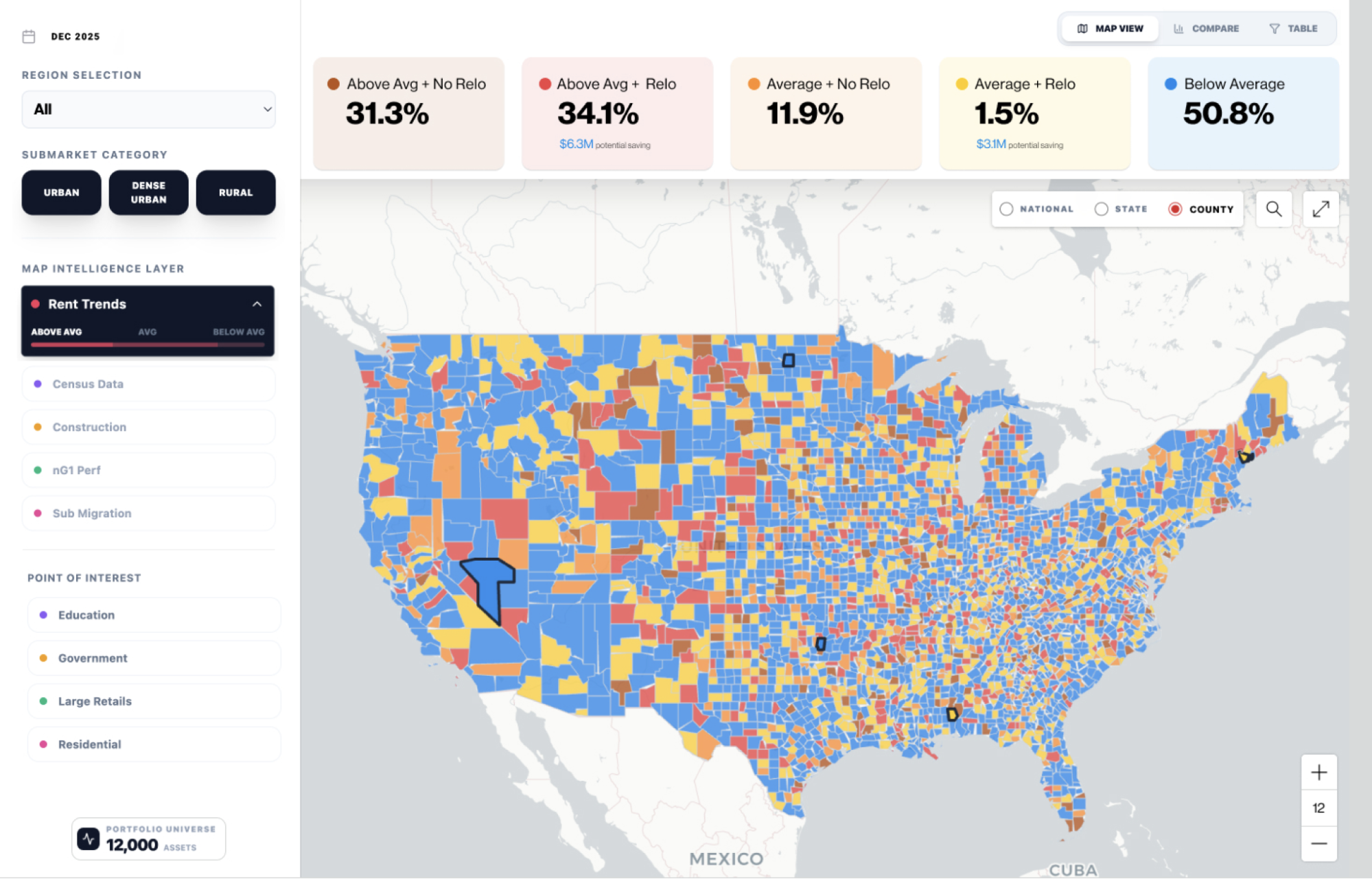 Early portfolio map coloured county by county across five rent-performance bands, with a filter rail for region, submarket and map intelligence layers