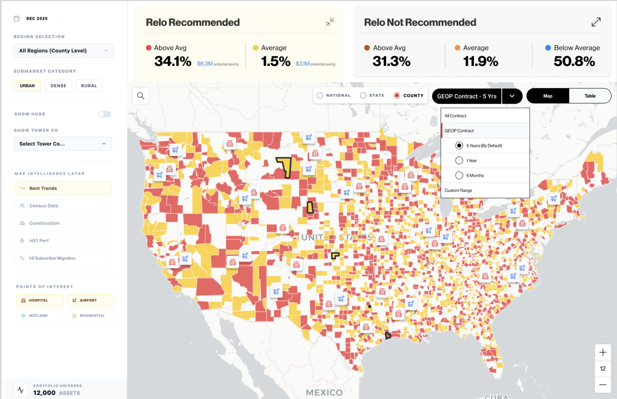 Map view splitting the summary into Relo Recommended and Relo Not Recommended panels, with points of interest and a contract-term dropdown open