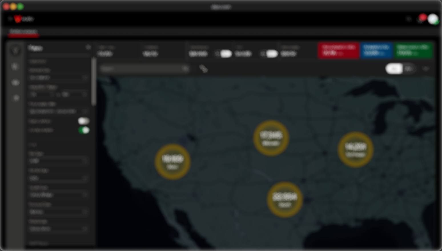 The ALPO portfolio analysis screen in a browser window: a nationwide dark map with regional site clusters, a summary bar of portfolio totals, and an open filter rail