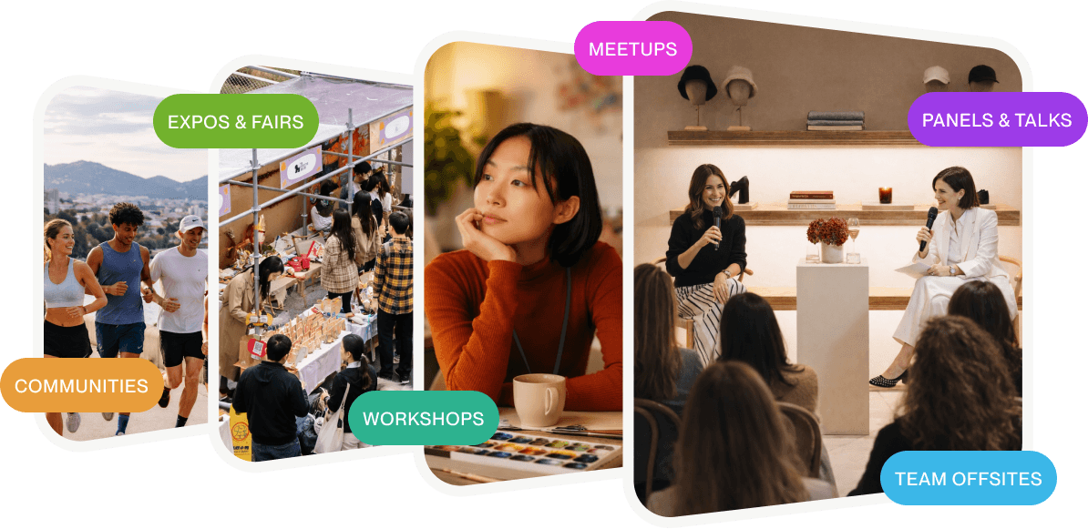 Collage of event photos tagged communities, expos and fairs, workshops, meetups, panels and talks, and team offsites