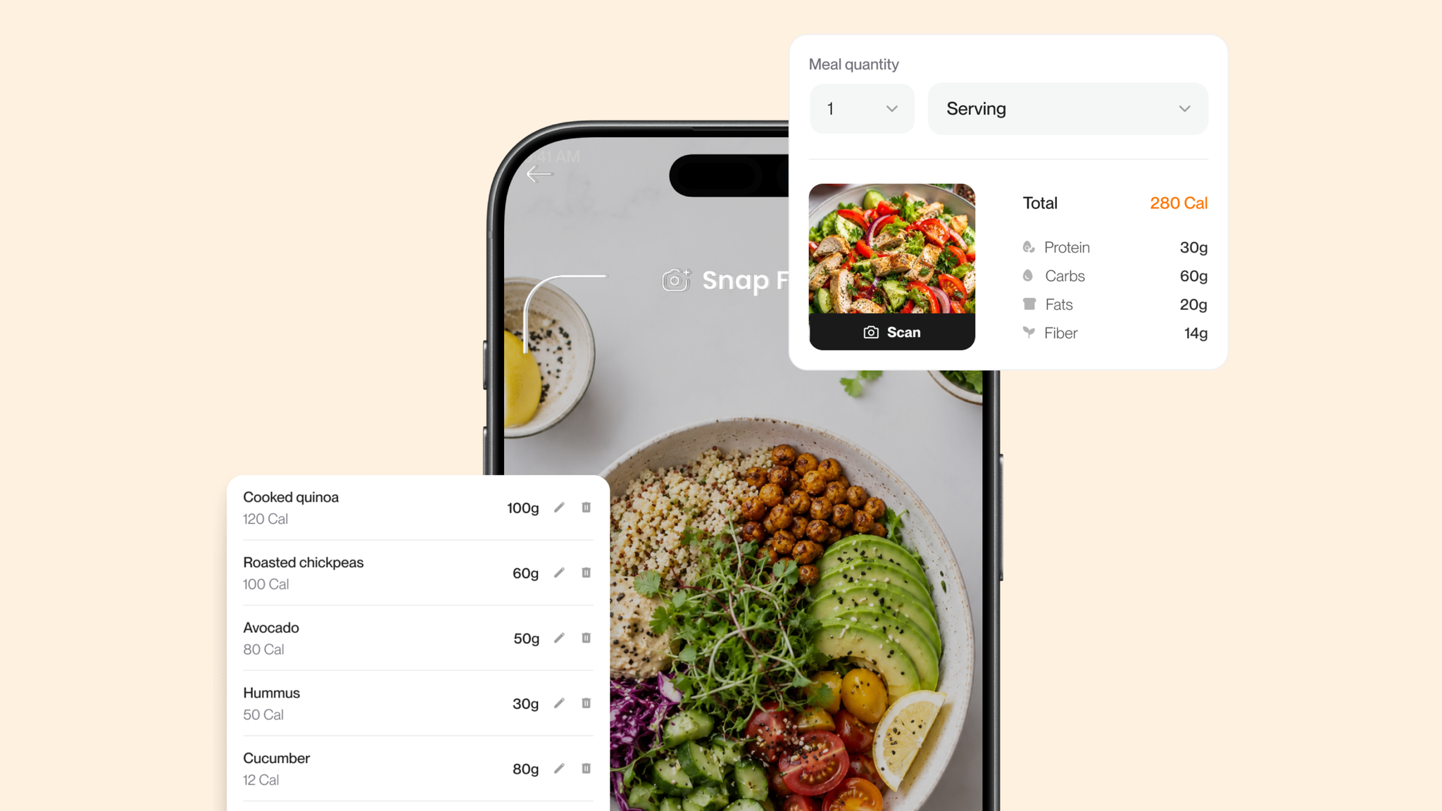 Food logging screen showing a scanned meal with its calorie total, macros and an editable ingredient list