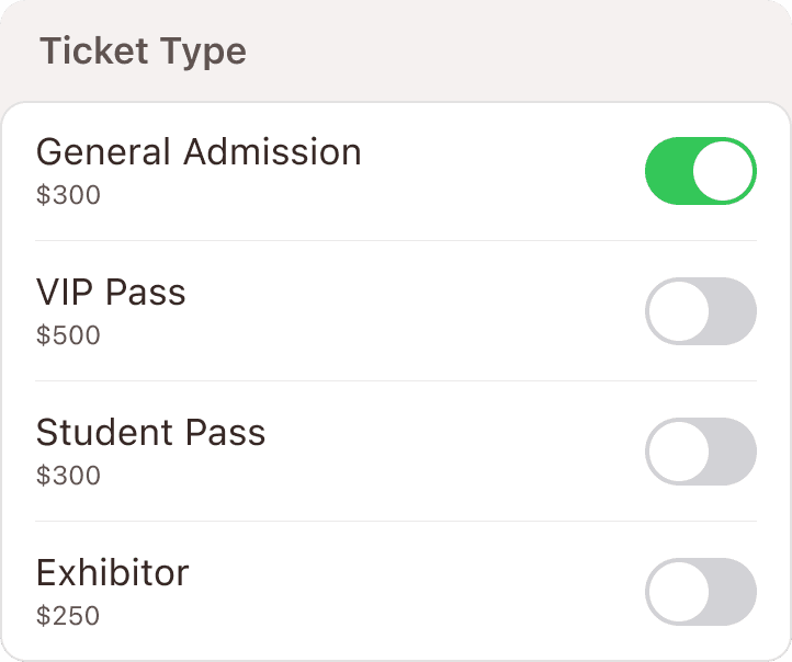 Ticket type toggle list with General Admission enabled
