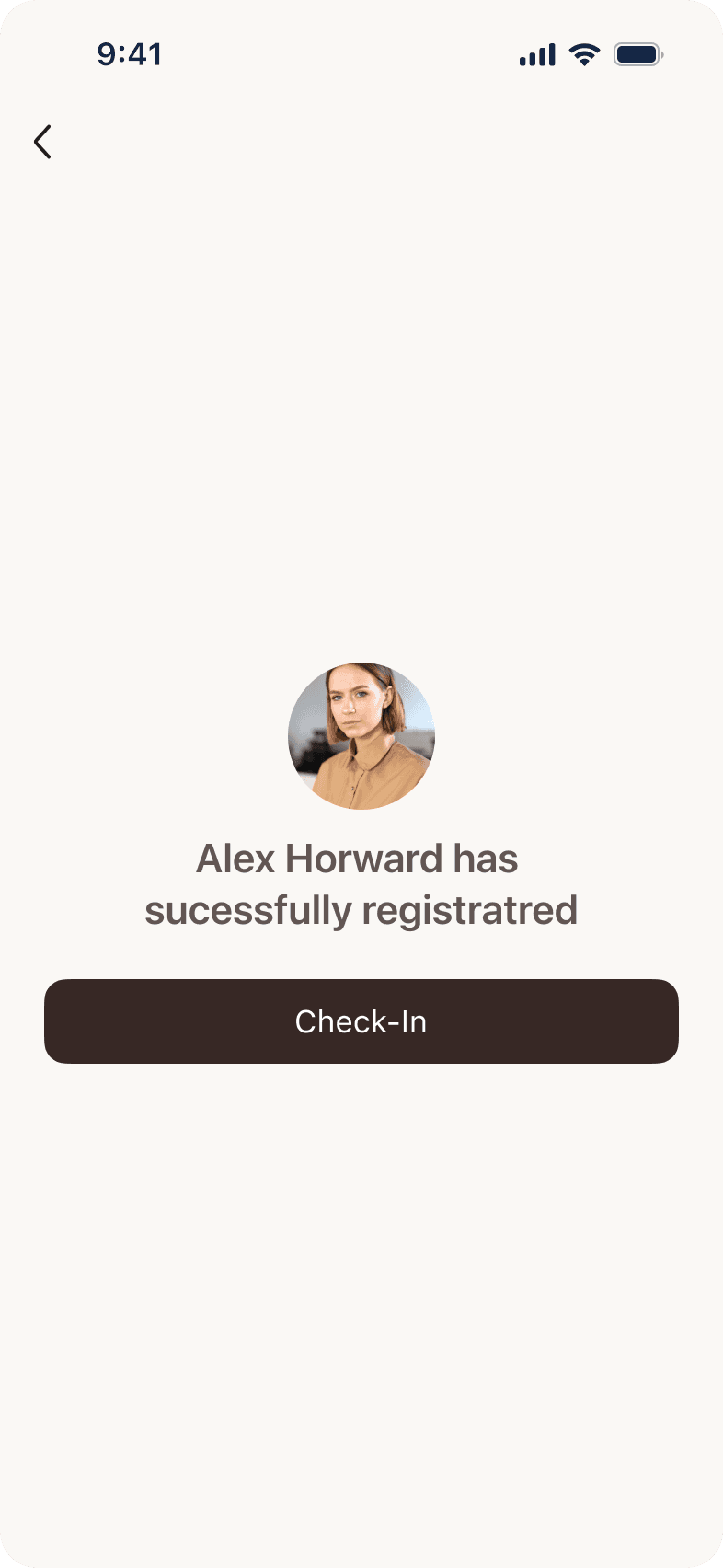 Check-in app screen for the registration mode