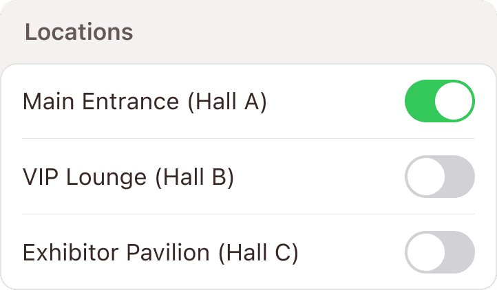 Locations toggle list with Main Entrance Hall A enabled