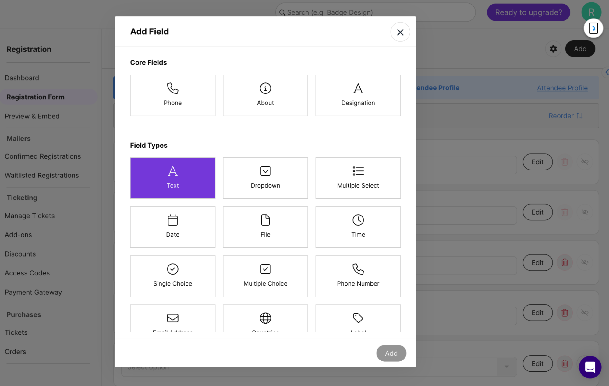 Add Field popup covering the registration form, listing core fields and fifteen field types to choose between