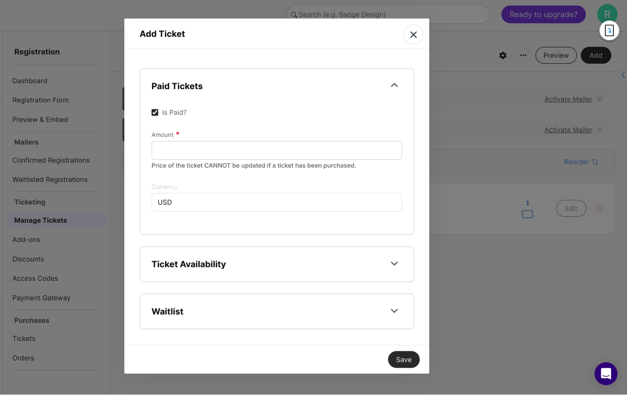 Add Ticket popup with collapsed sections for Paid Tickets, Ticket Availability and Waitlist