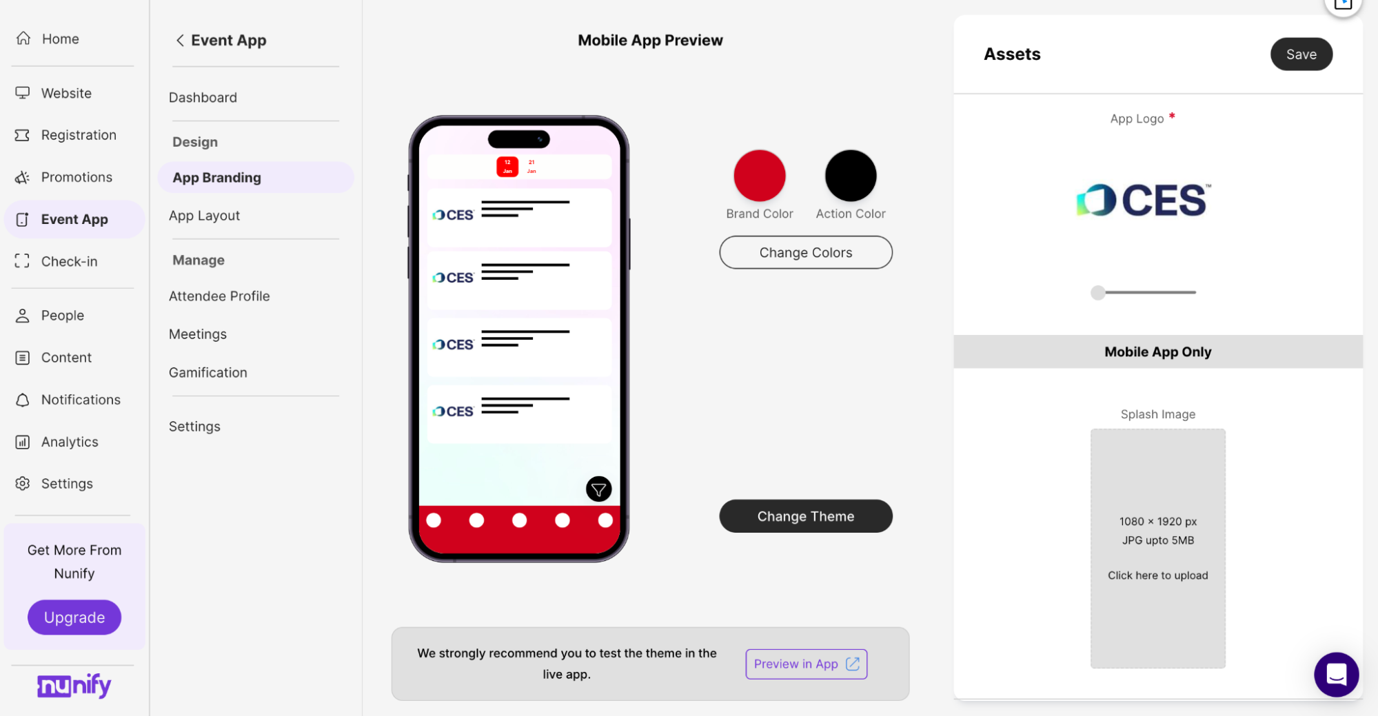 Old App Branding screen: a static phone preview beside separate controls for brand colour, action colour and app assets