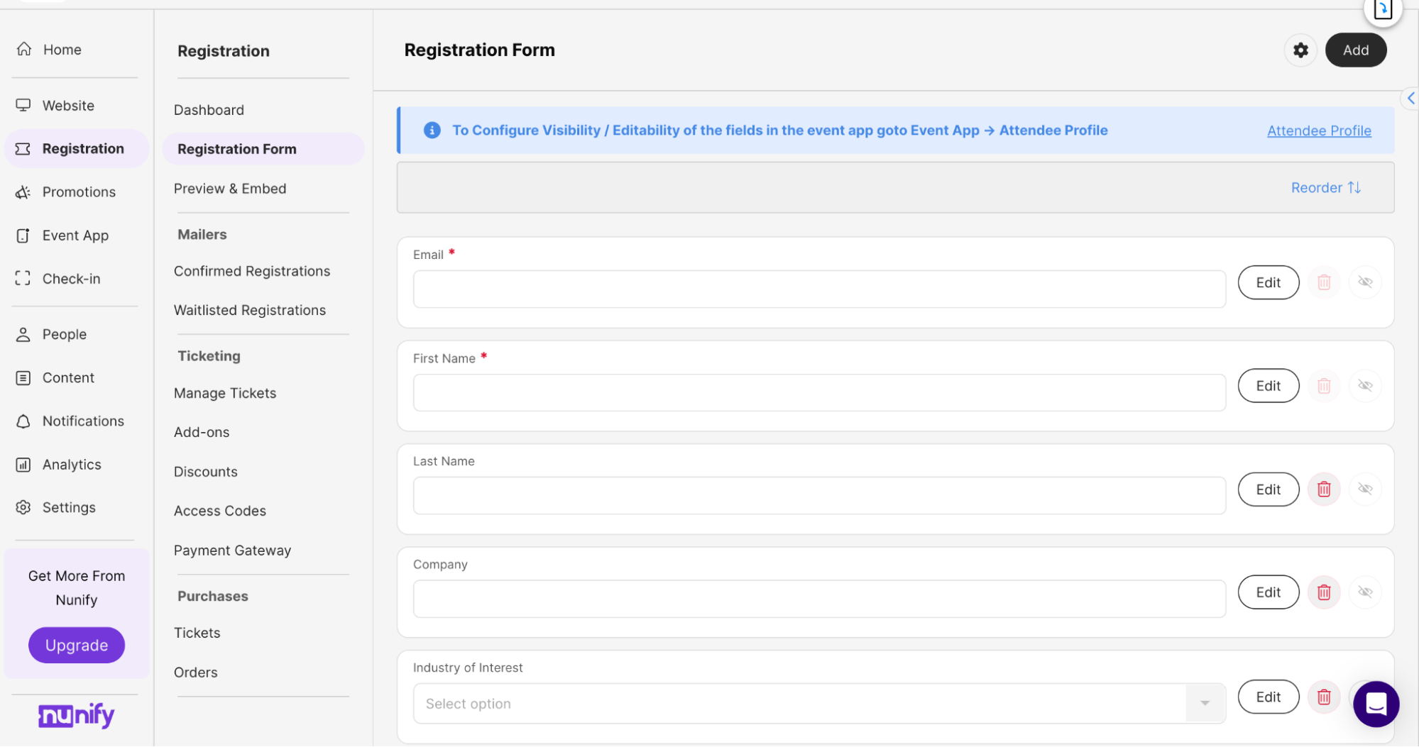 Old registration form editor with two expanded menus standing side by side, the main product menu and a second Registration menu, before the form itself begins