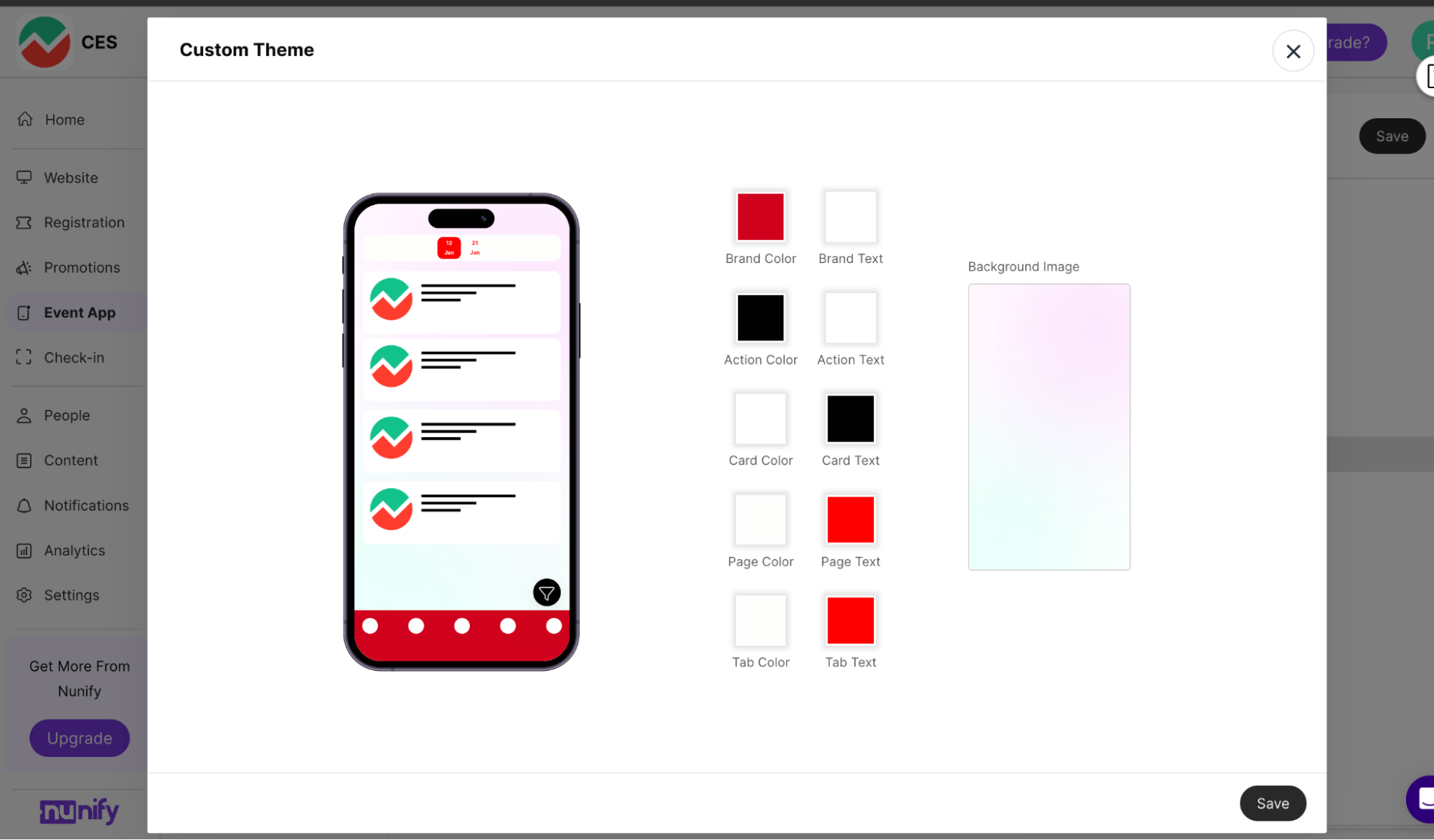 Custom Theme popup with ten separate colour swatches for brand, action, card, page and tab, stacked over the branding screen behind it