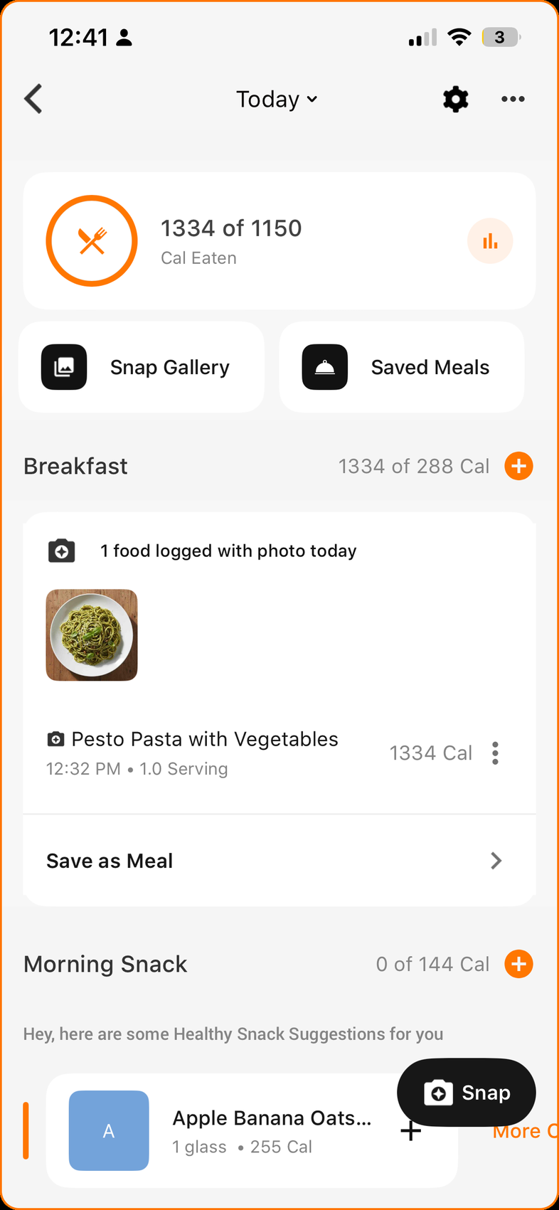 Daily log showing 1334 of 1150 calories eaten, with Snap Gallery and Saved Meals shortcuts