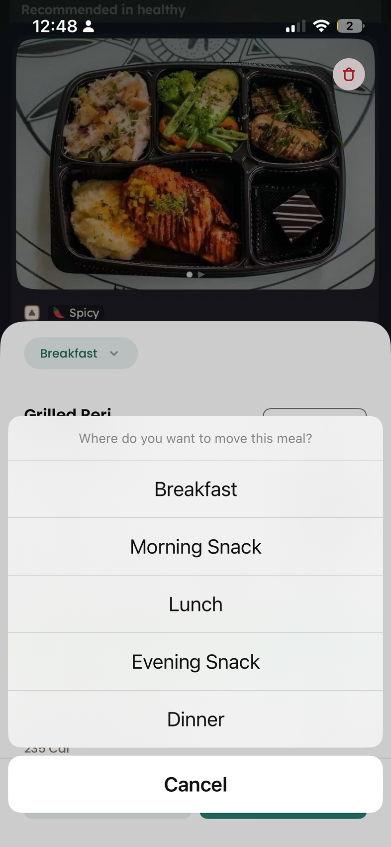 Action sheet asking which meal of the day to move the entry to