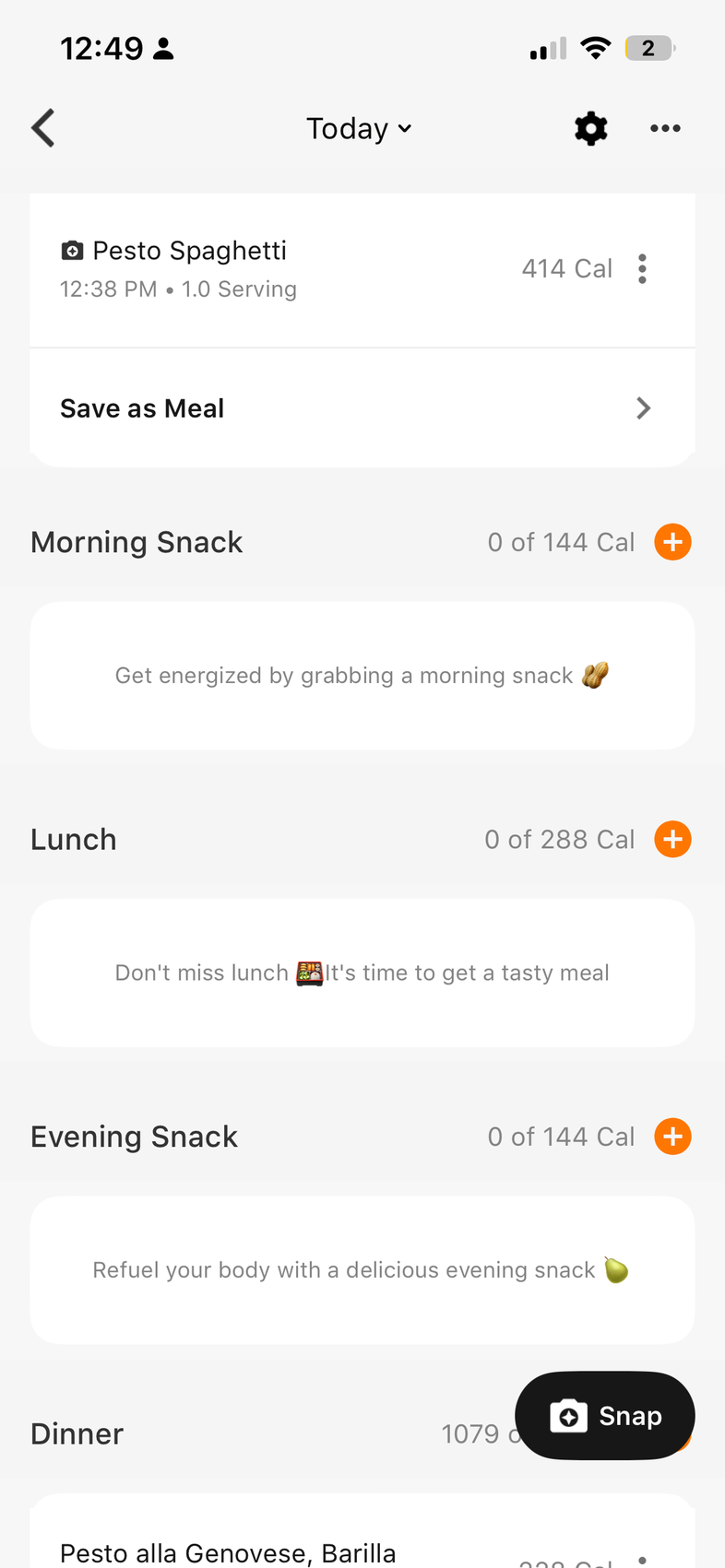 Daily log with the logged meal listed under a meal slot