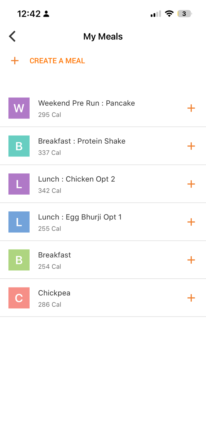 My Meals list of previously saved meals