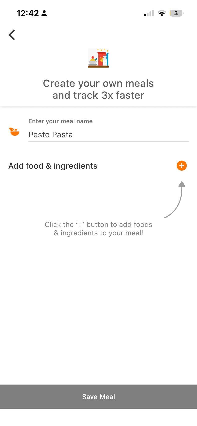 Empty create-your-own-meal screen prompting the user to add foods and ingredients