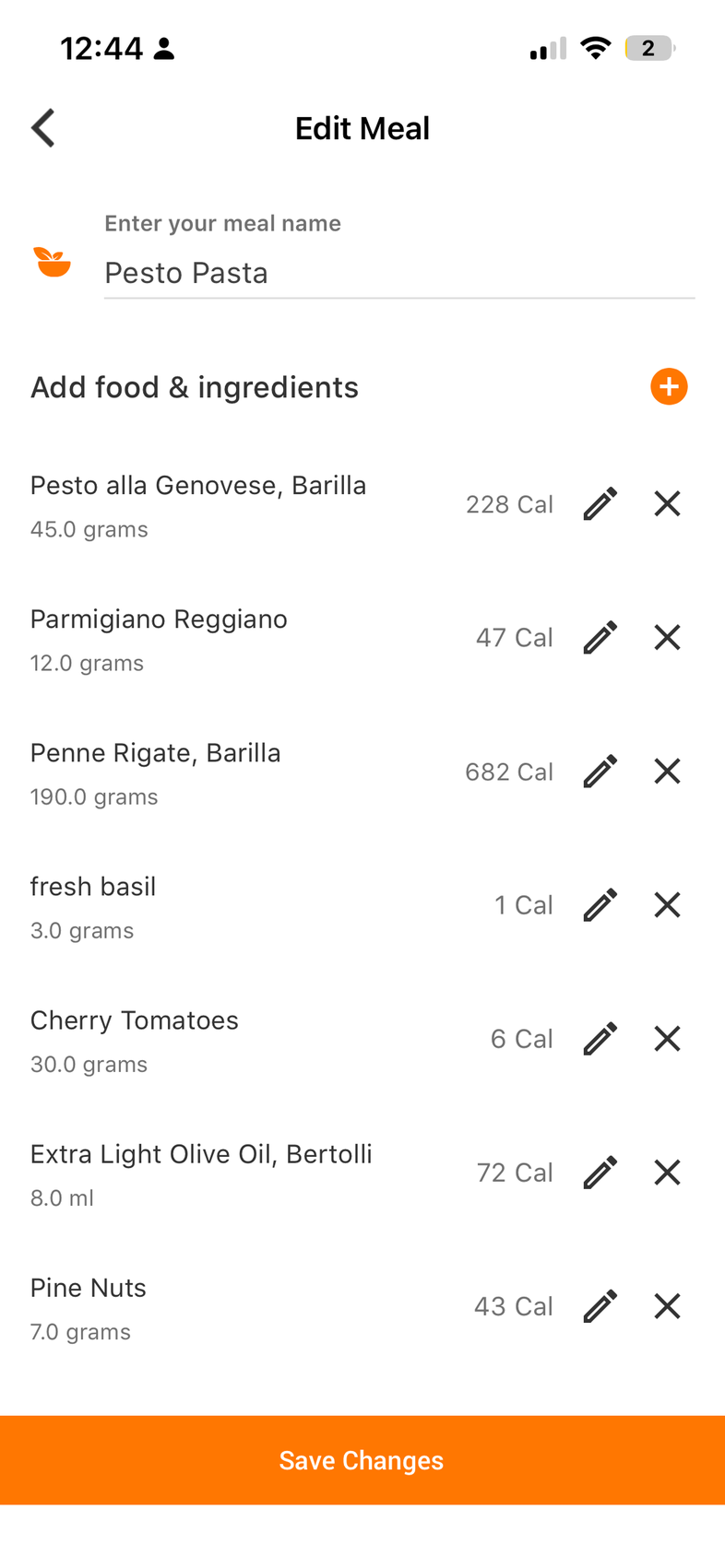 Edit meal screen listing every ingredient with its weight and calories