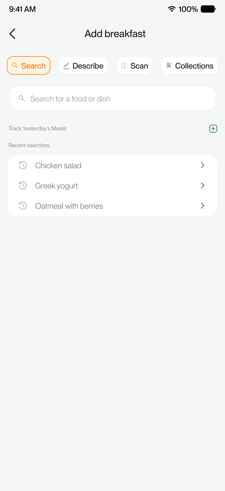 Redesigned add-meal screen on the Search tab, with recent searches listed