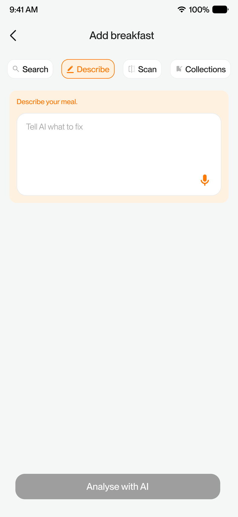 Describe tab with a free-text field and a voice input button