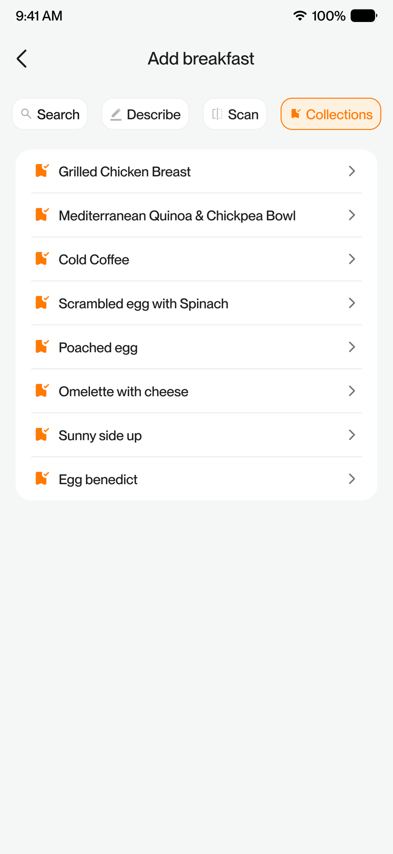 Collections tab listing saved meals ready to reuse