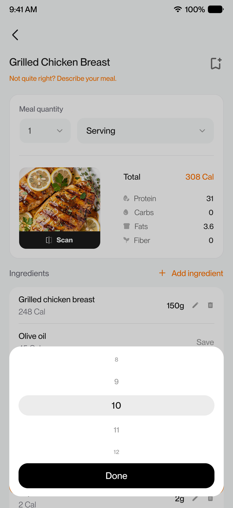 Ingredient weight being adjusted with a scroll picker