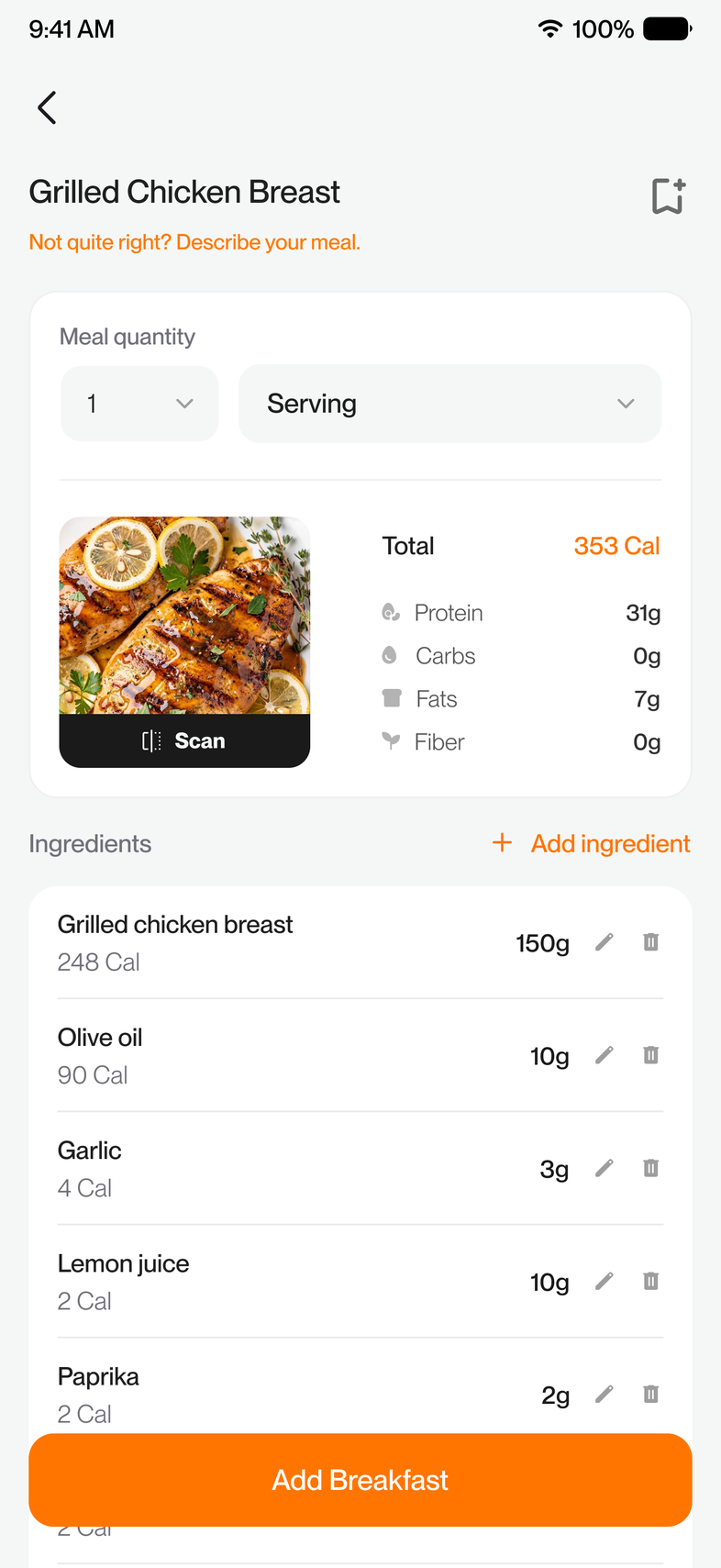 Updated calorie total after an ingredient weight was corrected