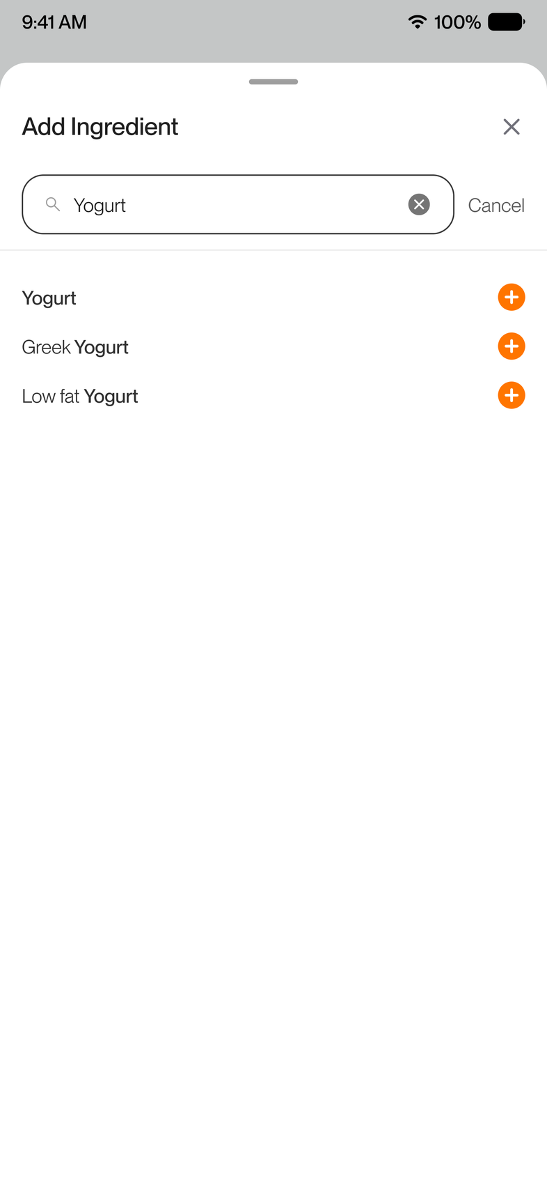 Add ingredient sheet with a search field