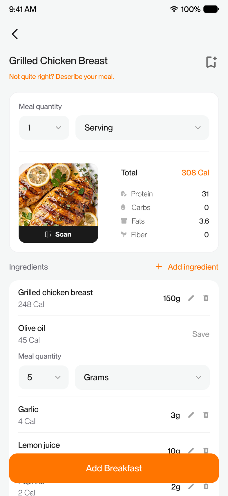 Quantity and unit being set for the newly added ingredient