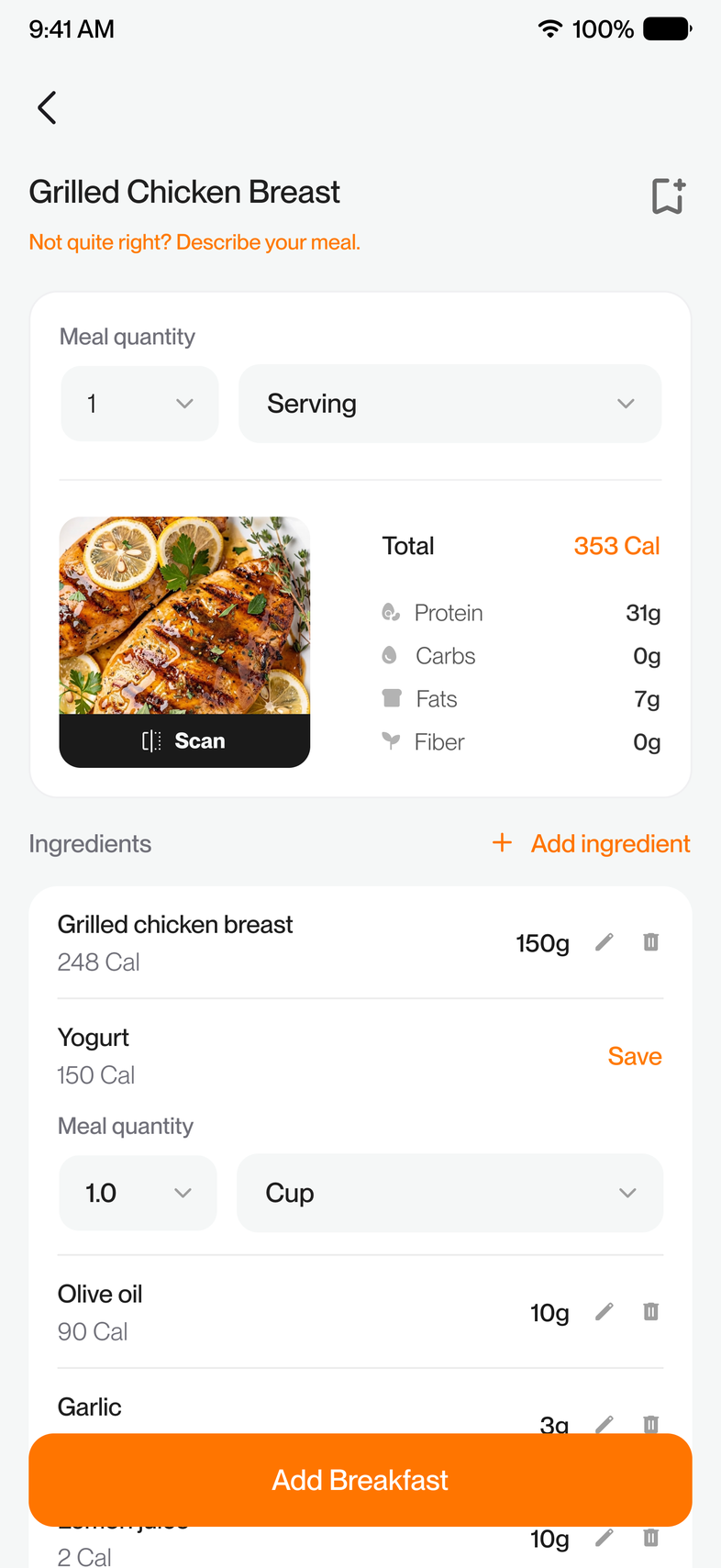 Meal detail with the new ingredient folded into the total