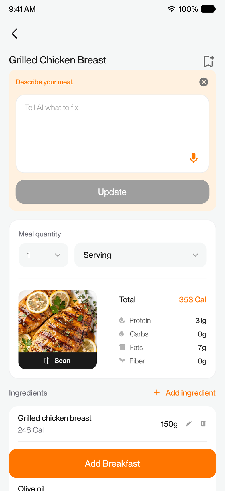 Describe panel opened over an existing meal to correct it by voice or text