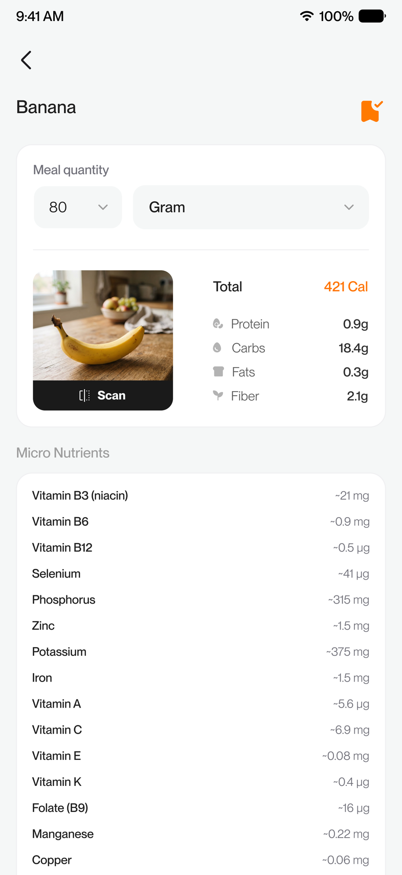 A banana logged with a simple total and a micronutrient list instead of an editable ingredient breakdown