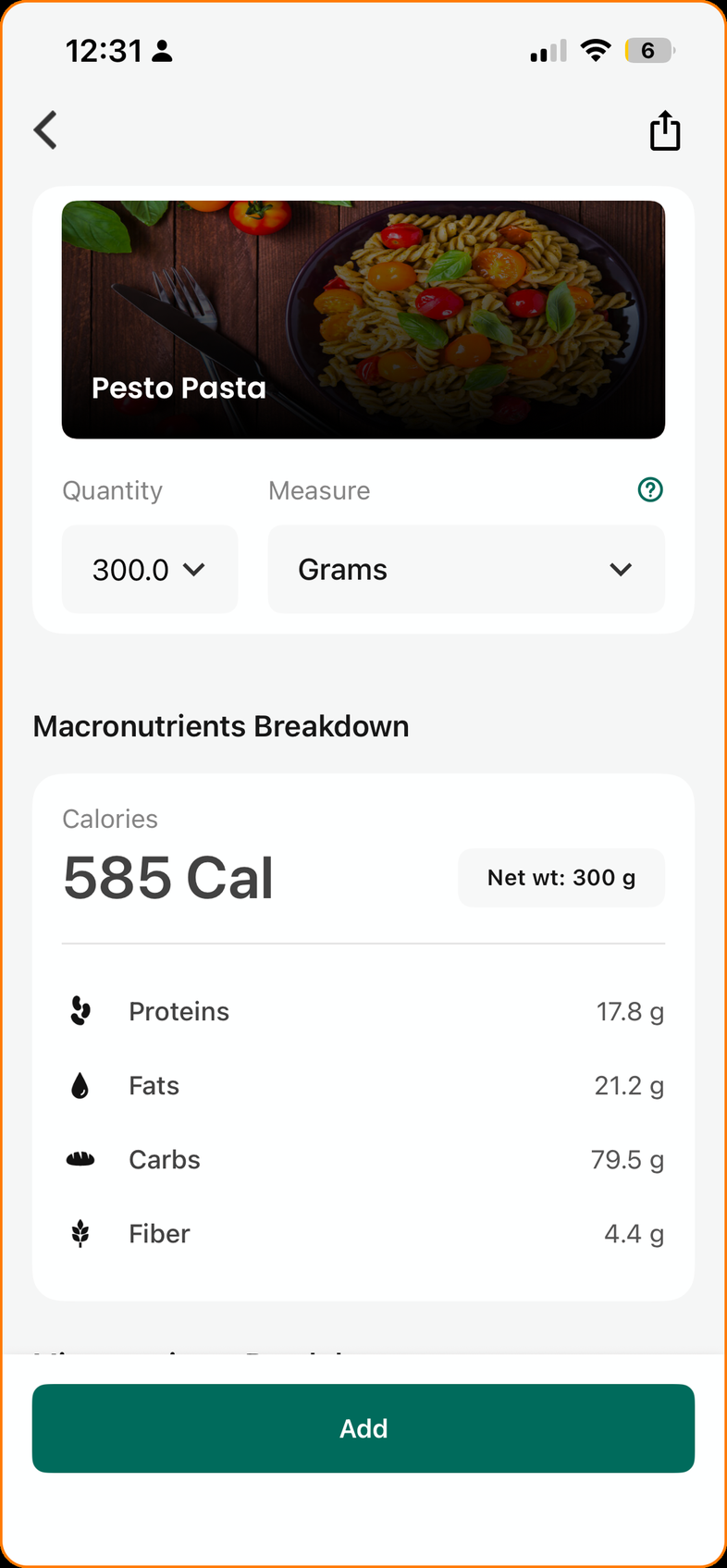 Healthify search result for Pesto Pasta at 300 grams, showing 585 calories and a macronutrient breakdown