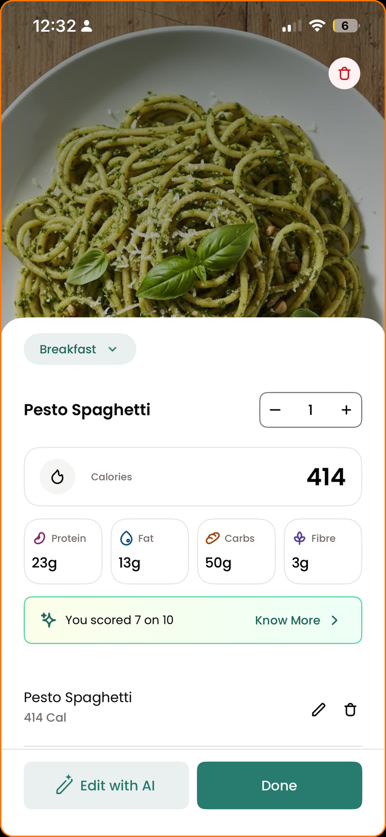 Scanned photo of pesto spaghetti recognised by the app