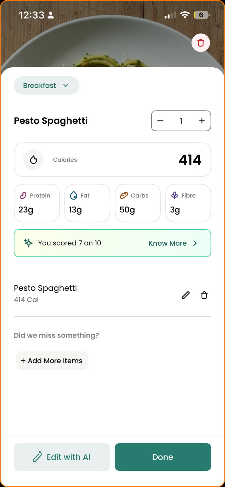 Pesto Spaghetti detail screen showing 414 calories and macros