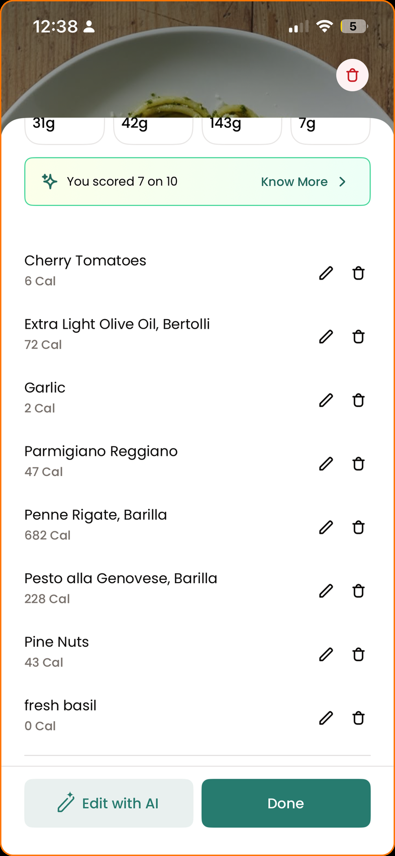 Ingredient list with cherry tomatoes, olive oil, garlic, parmigiano and pine nuts, each editable one at a time