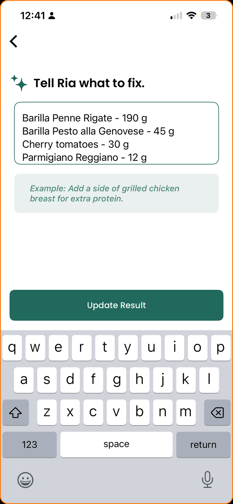 Text box asking the assistant to fix the detected ingredients